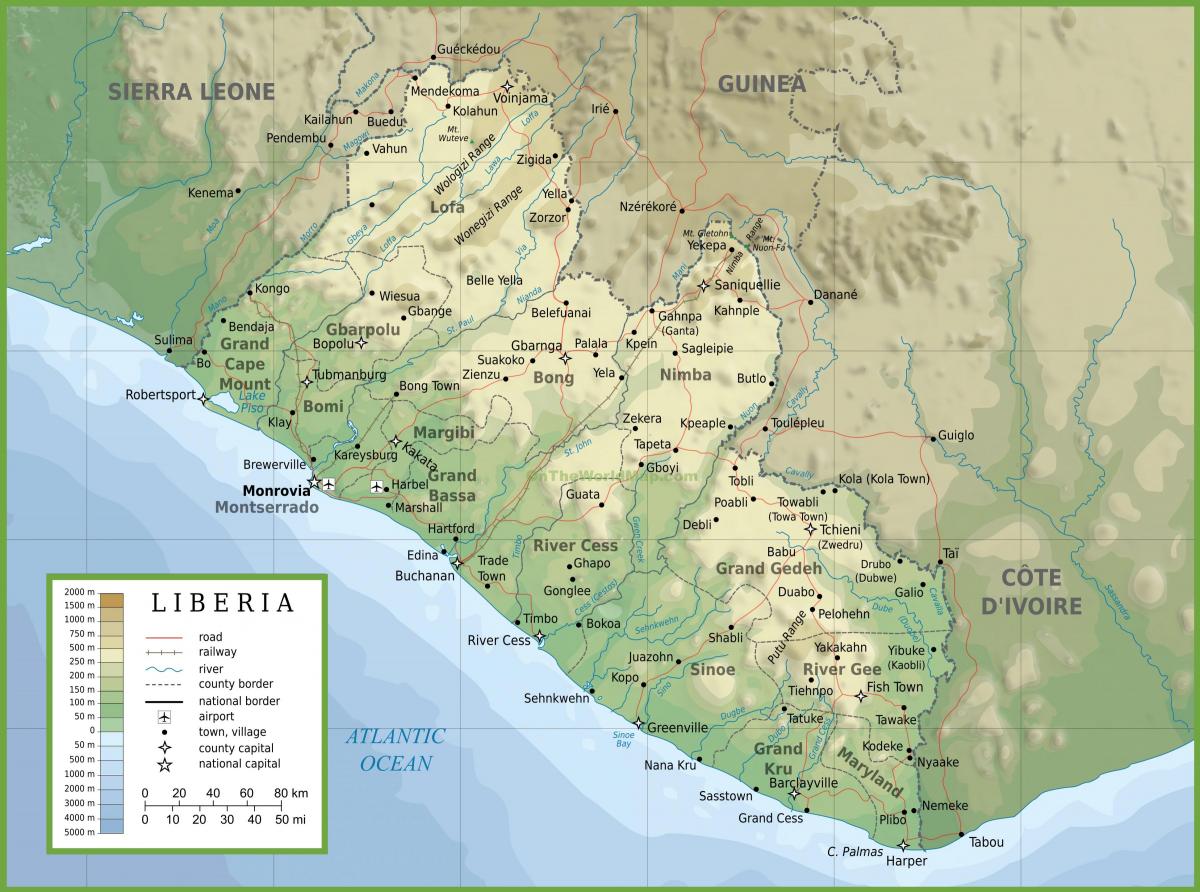 nakreslete fyzická mapa Libérie
