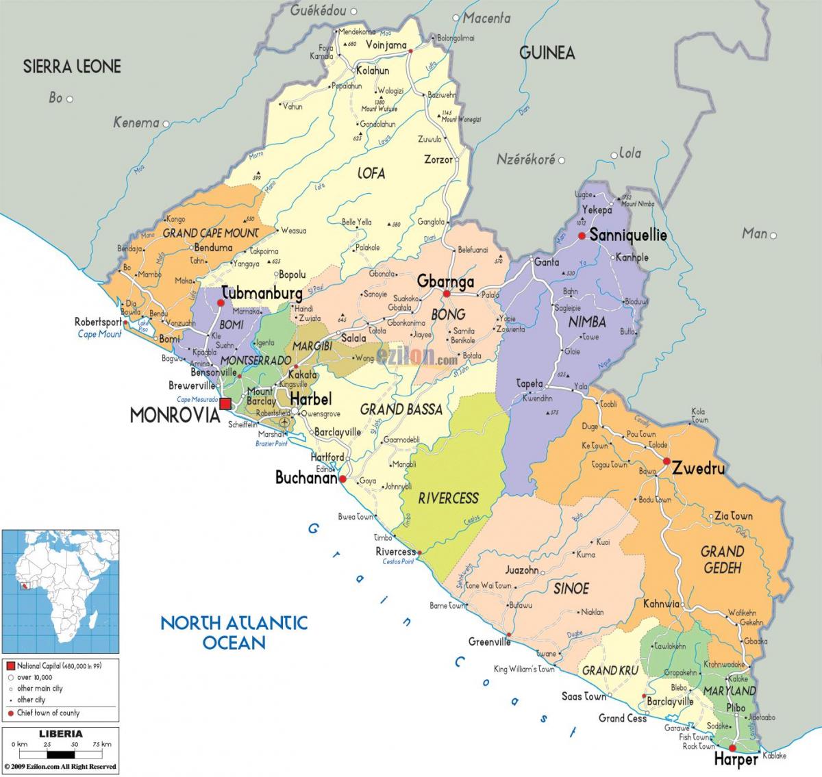 mapa Libérie, země