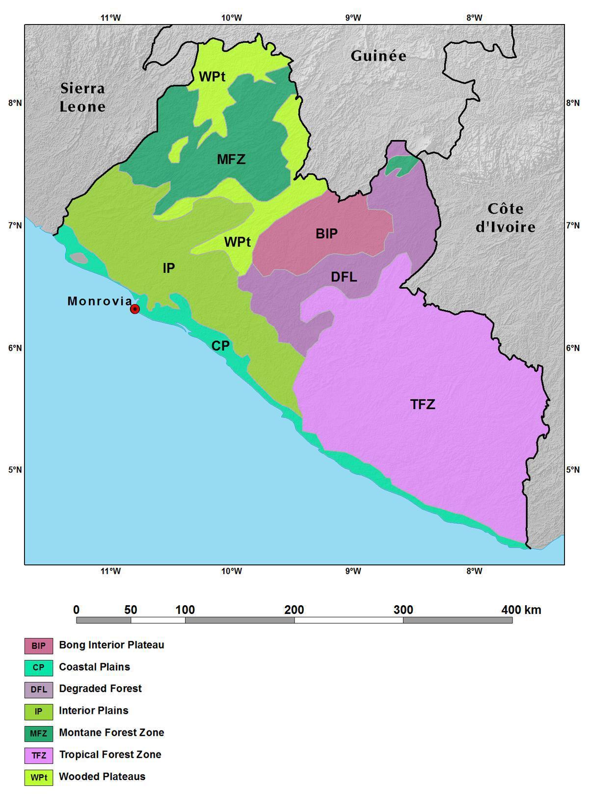 mapa Libérie hory