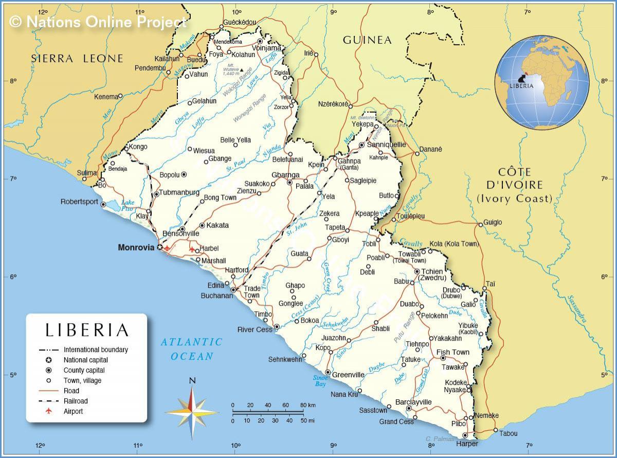 mapa Libérie, západní afrika
